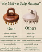 An infographic titled 'Why Maiéway Scalp Massager?' comparing the product 'Ours' with generic 'Others'. The left column shows the wooden Maiéway scalp massager with copper massage pins, while the right column shows a generic plastic scalp massager with plastic tips.